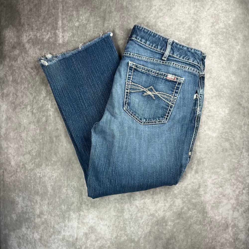 Ariat FR Mid Rise Bootcut Jeans 34R Blue Denim Frayed Hem Flame Resistant